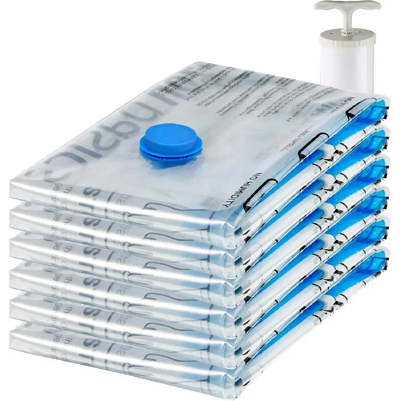 Vacuum Storage Bags for Clothes, Space Saving Compression Storage Bags with Hand Pump, Heavy Duty, Stackable, Jumbo Size, Clear, 6-Pack