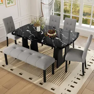 Aobtkel6 Piece Modern Dining Table Set, 63" Faux Marble Dining Table with Geometric Legs & 4 Upholstered Chairs & 1 Bench, Suitable for Dining Kitchen Room,Easy to Assemble, Black + Gray