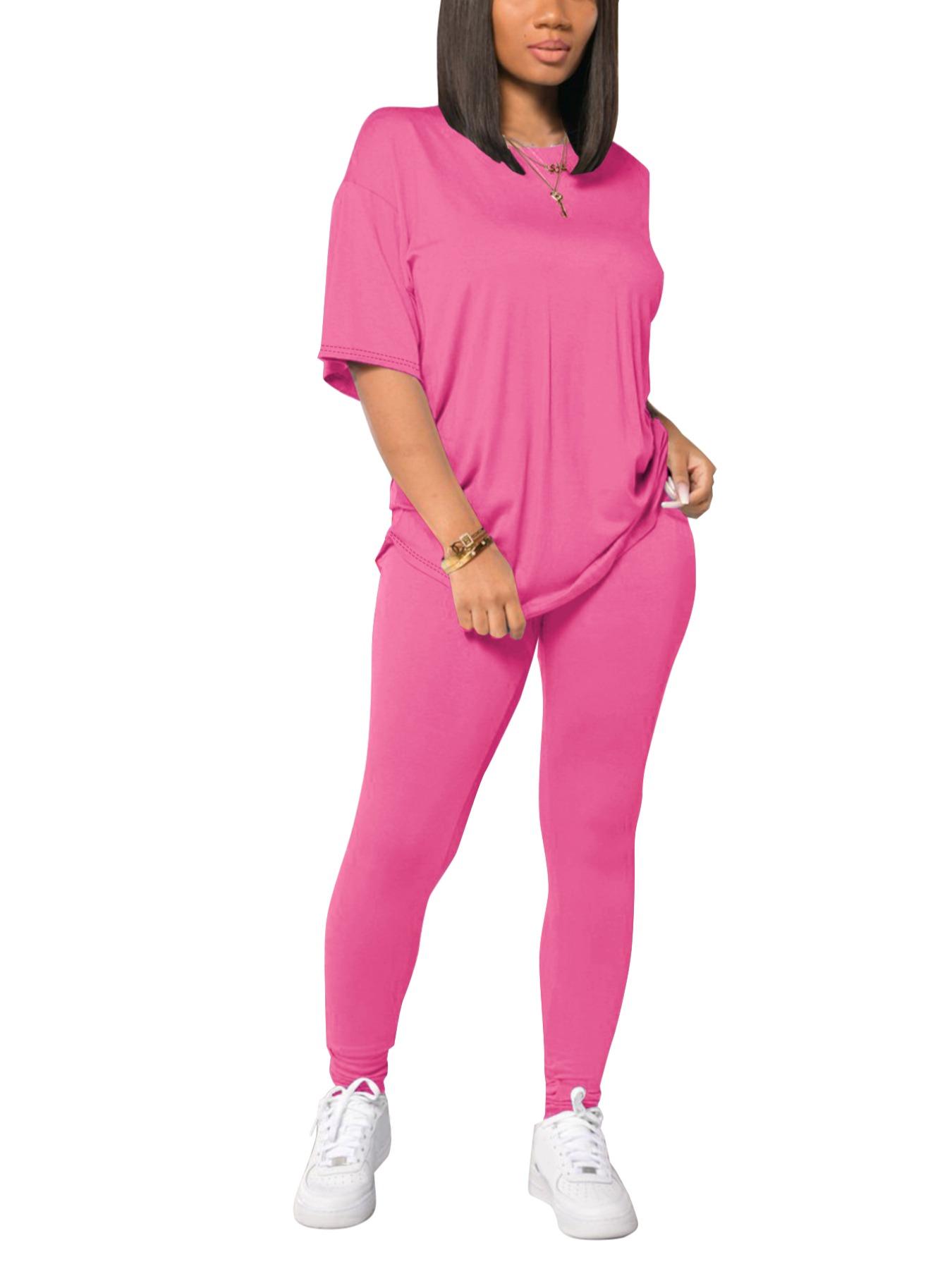 Women's Solid Drop Shoulder Tee & Elastic Waist Fitted Skinny Pants Set, Summer Clothes Women, Casual Round Neck Half Sleeve Top & Leggings for Summer