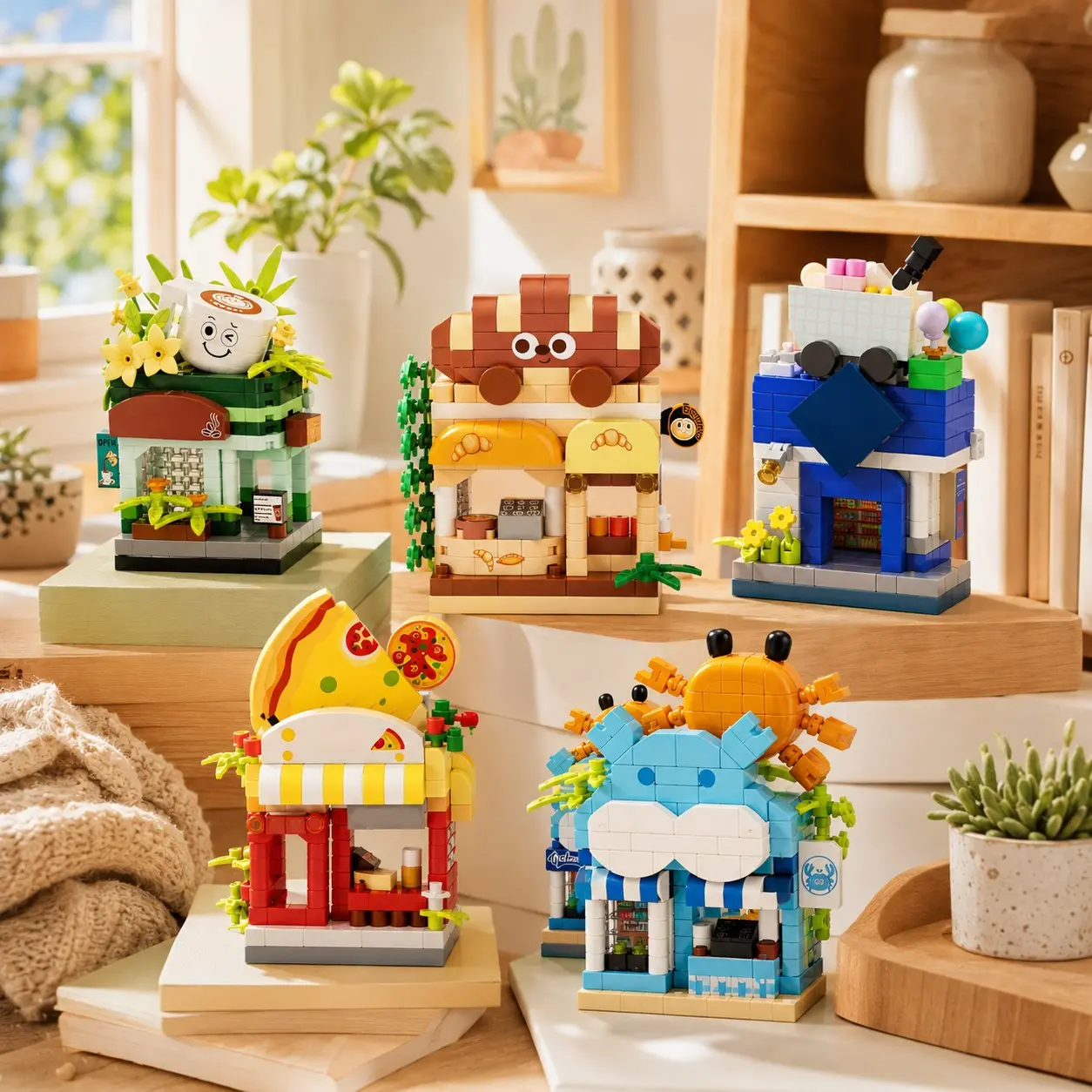 5 Styles Mini Block Shop Set, Building Block Sets, Cute Food Store Building Blocks, Coffee Shop, Bread Shop, Pizza Shop Style, DIY Mini Build, Display Ready, Blocks, For Kids Teens Friends Collectors, Desk Shelf Room Decor Gift