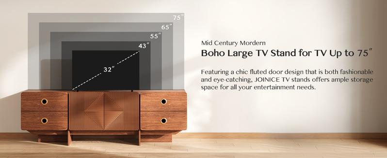 66" Fluted TV Stands for Living Room, Mid Century Modern TV Consoles for 75 inch TV, Entertainment Center with Storage, Media Console with Adjustment Shelf(Cherry)