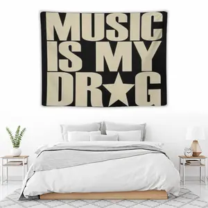 Music Is My Drug Star Graphic Wall Tapestry for Adult Fans, Mid-century Modern Black Flash Art, Y2K Y3K Aesthetic Room Decor, 1980s Retro Cinematic Bedroom Flag for Trendy Cool Teens Men Gen Z