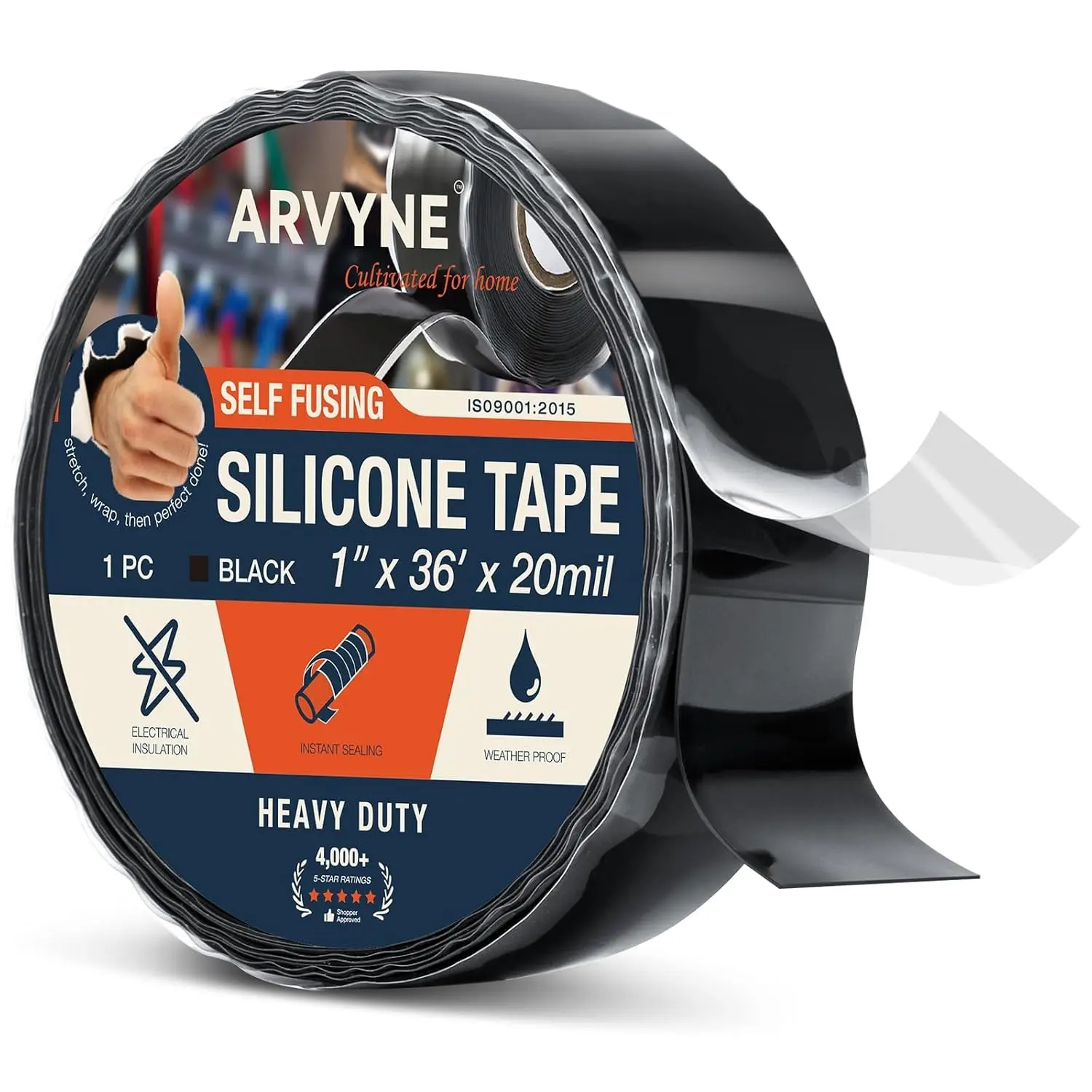 Self-Fusing Silicone Tape 1-in x 36-ft x 20mil - Black Rubber Emergency Repair Tape, Waterproof, Heat-Resistant, Insulating, Chemical-Resistant, No Residue - for Automotive, Electrical Use