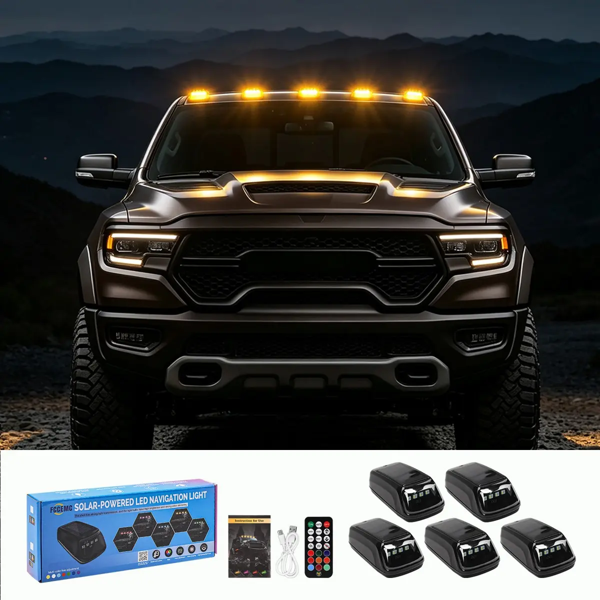 Upgraded Solar Enhanced Version APP Remote 5pcs 8 Colors Multi Mode Solar Cab Warning Lights for Trucks、SUV、 - Vehicle Roof Light RGB No Drill Roof LED Marker Lights with Vibration Sensor | Solar Powered Waterproof Clearance Lights for Semi Truck, Pickup