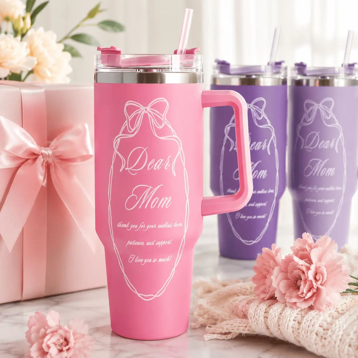 40oz Floral Print Dear Mom Tumbler - BPA-Safe Parts, Double-Wall Insul., Handle & Straw, Glossy Finish, Leak-Proof Lid, Cup Holder Friendly, Mother’s Day Birthday Gift for Mom, Sturdy, Drink