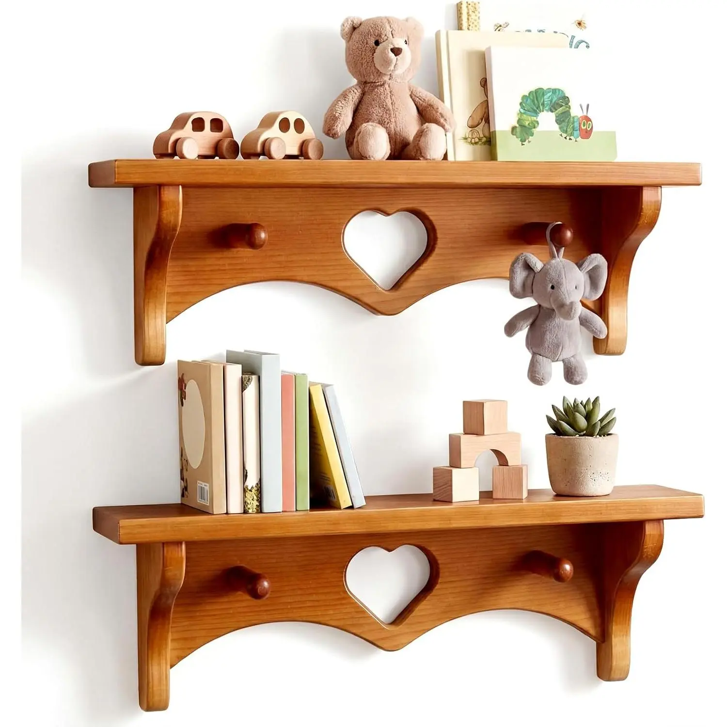 Novabright 2-Piece Wooden Heart Trinket Shelf Set, 16" Vintage Lightweight Hanging Floating Shelves with Hooks, Pine Wood Wall-Mounted Coat Rack for Living Room, Home Decor (Peach Wood Color, Easy Installation)