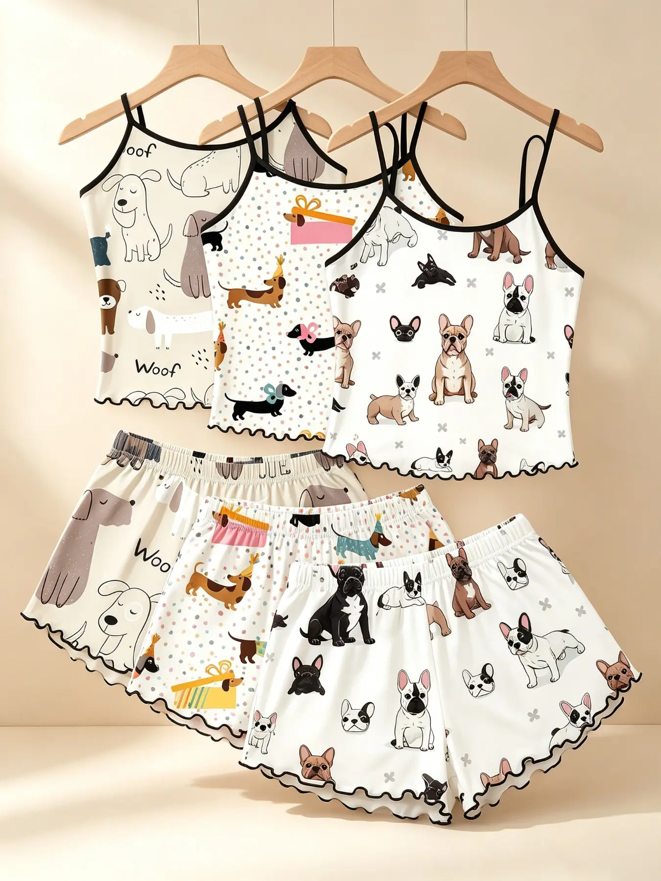 Women's Sleepwear 3 Pack Value Matching Set Cartoon French Bulldog Dachshund Dog Print Summer Spaghetti Strap Ruffle Lettuce Hem Contrast Trim Soft Breathable Lightweight Cami Top Shorts Loungewear Outfit Home Casual Daily Multipack Sleep Set