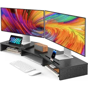 Adjustable Dual Monitor Stand Riser for 2 Monitors, Multifunctional Adjustable Desktop Organizer Stand for Desk, Fits Laptop, PC, Computer, Printer with Storage Slots