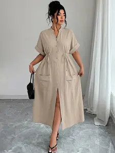Plus Size Long Dress, V Neck a Line, Short Sleeve, Elegant Flowy, Belted Waist, Pockets, Split Hem, Casual Party Wedding