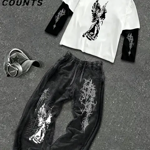 Men's Two-Piece Angel Thorn Cross Print Long Sleeve Top, Vintage Wide Leg Sweatpants Set, American Dark Y2K Gothic Streetwear Style