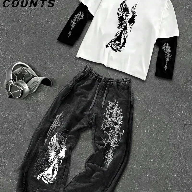 Men's Two-Piece Angel Thorn Cross Print Long Sleeve Top, Vintage Wide Leg Sweatpants Set, American Dark Y2K Gothic Streetwear Style