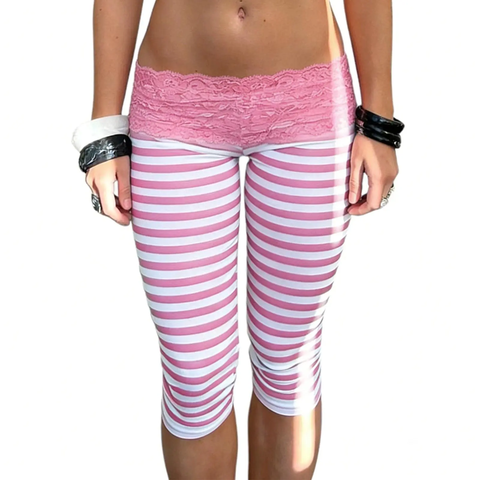 Women   Striped Lace Trim Capri Pants Low Rise Fold Over Leggings Fitted Cropped Pants for Lounge Yoga Athletic Streetwear