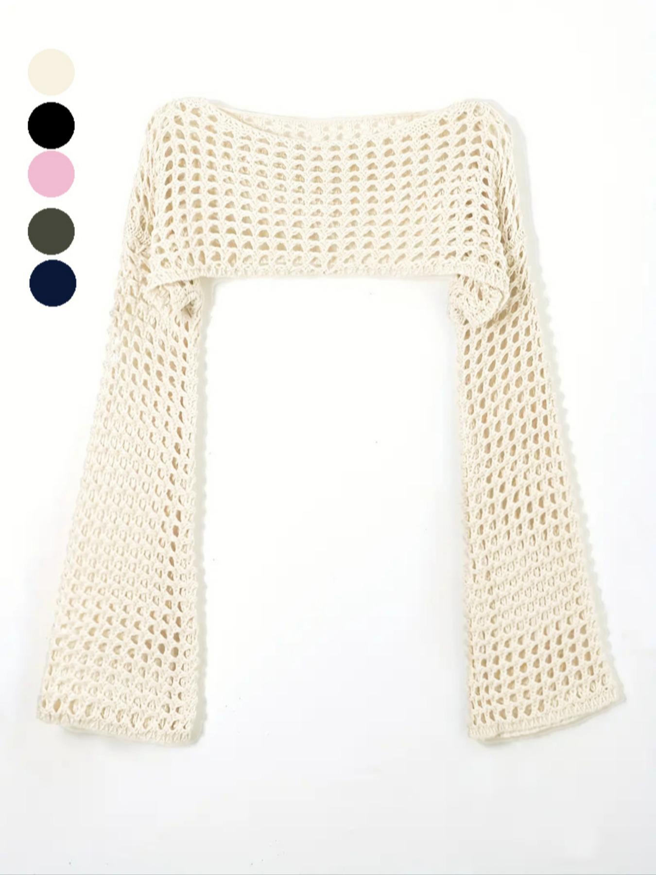 Women's Y2K Plain Hollow Out Flounce Sleeve Super Crop Cover Up, Casual Long Sleeve Boat Neck Knit Top for Daily Wear, Ladies Clothes for Fall