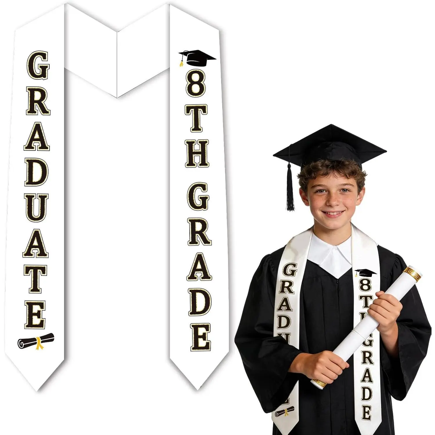 8th Grade Graduation Stole Class of 2026, White Middle School Graduation Sash, Middle School Gifts for Boys Girls Grad Accessories Decorations &