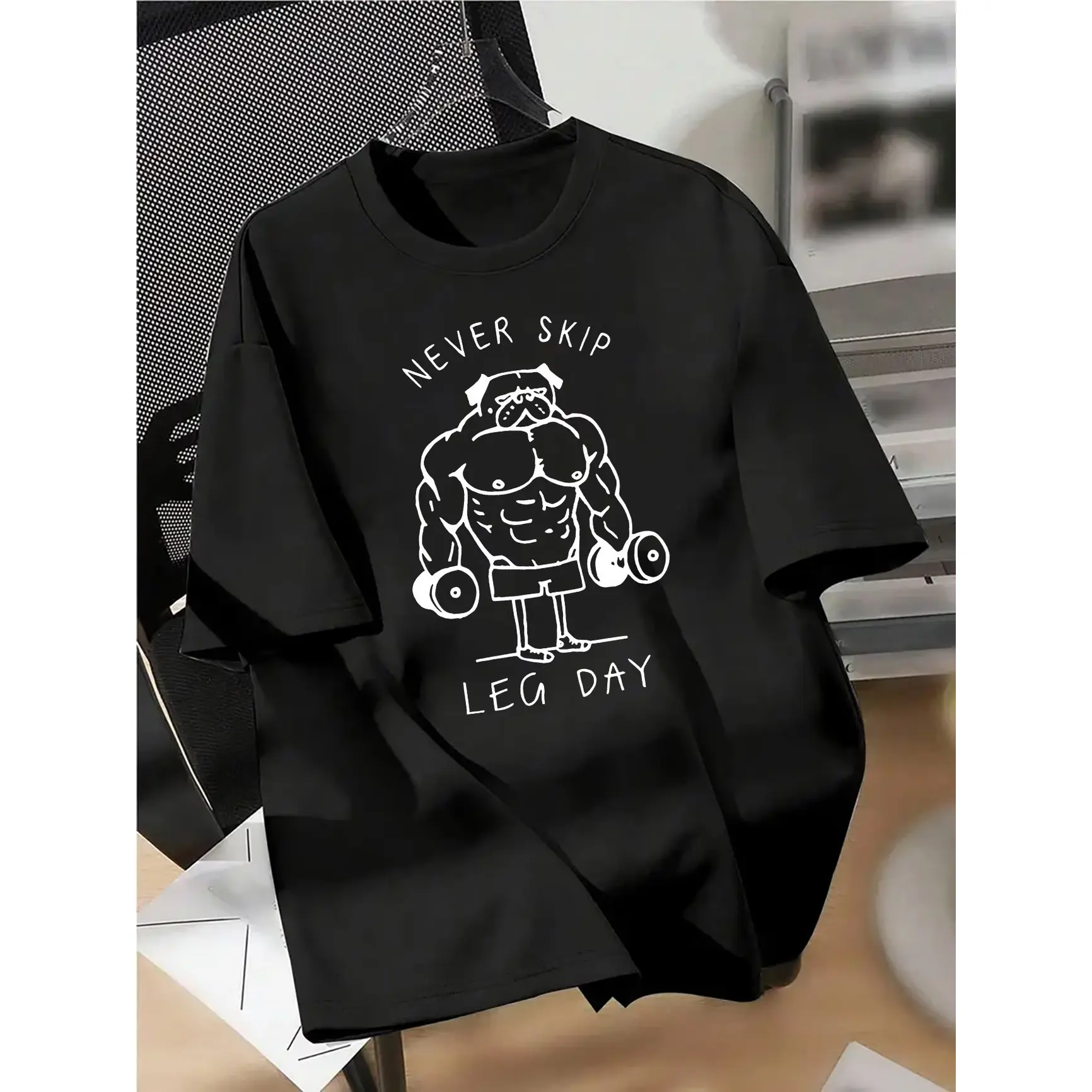 Never Skip Leg Day Graphic Cotton T‑Shirt, Oversized Comfort Fashion Outfit, Cute Muscular Pug Gym Tee, Best Holiday Gift for Him Her, Perfect Present for Family Friends & Lovers