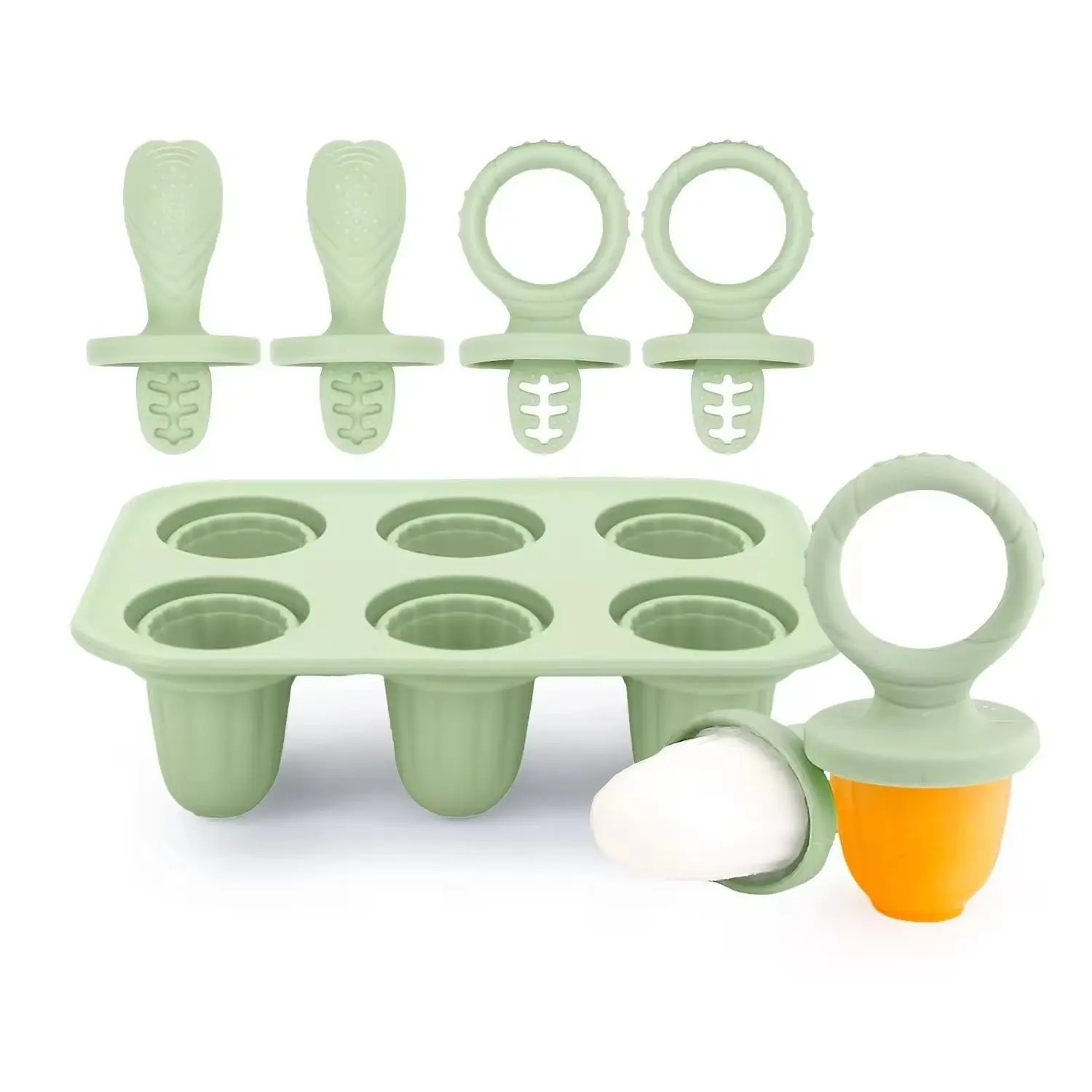 Silicone lce Pop Molds Popsicle Mold with Teether Handles,Set of 6,BPA-Free Reusable Baby lce Cream Maker, Perfect for Kids Snacks, Reusable Food Freezer Tray
