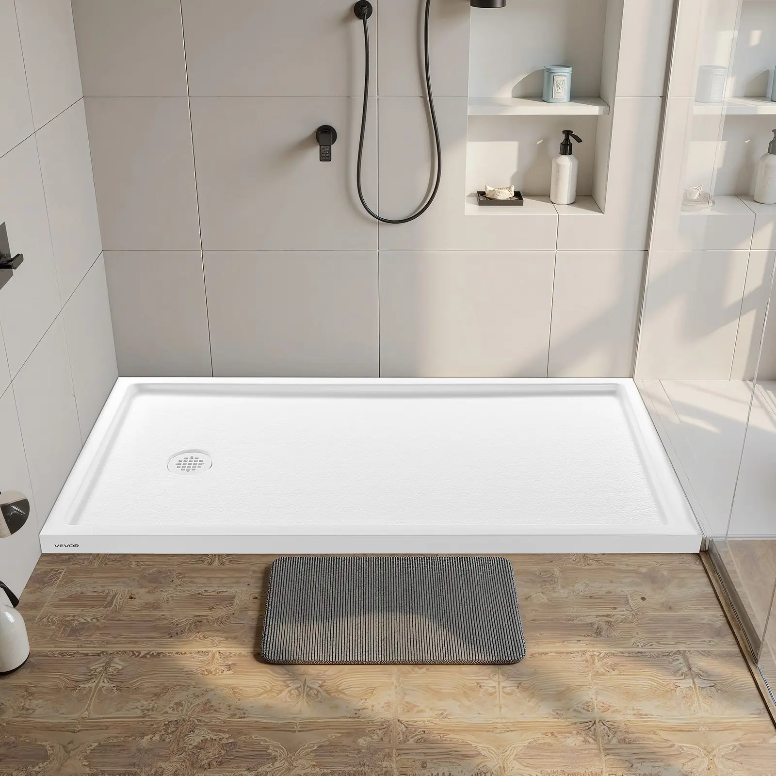 VEVOR Shower Pan, 60" Lx 32" W Single Threshold Shower Base, Rectangle Acrylic PVC Showering Base in White, Slip-Resistant Showering Pan Bases with Drain Cover for Bathroom, Left Drain Location