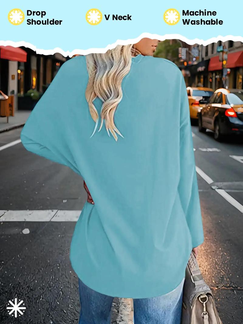 Plus Size Solid Drop Shoulder V Neck Tee, Casual Long Sleeve T Shirts for Women for Daily Wear, Women Plus Clothing for All Seasons, Fall Outfits, Fallfreshness Y2K, Fall clothes 2024 Plus Size Solid Drop Shoulder V Neck Tee, Casual Long Sleeve T Shirts for Women for Daily Wear, Women Plus Clothing for All Seasons, Fall Outfits, Fallfreshness Y2K, Fall clothes 2024