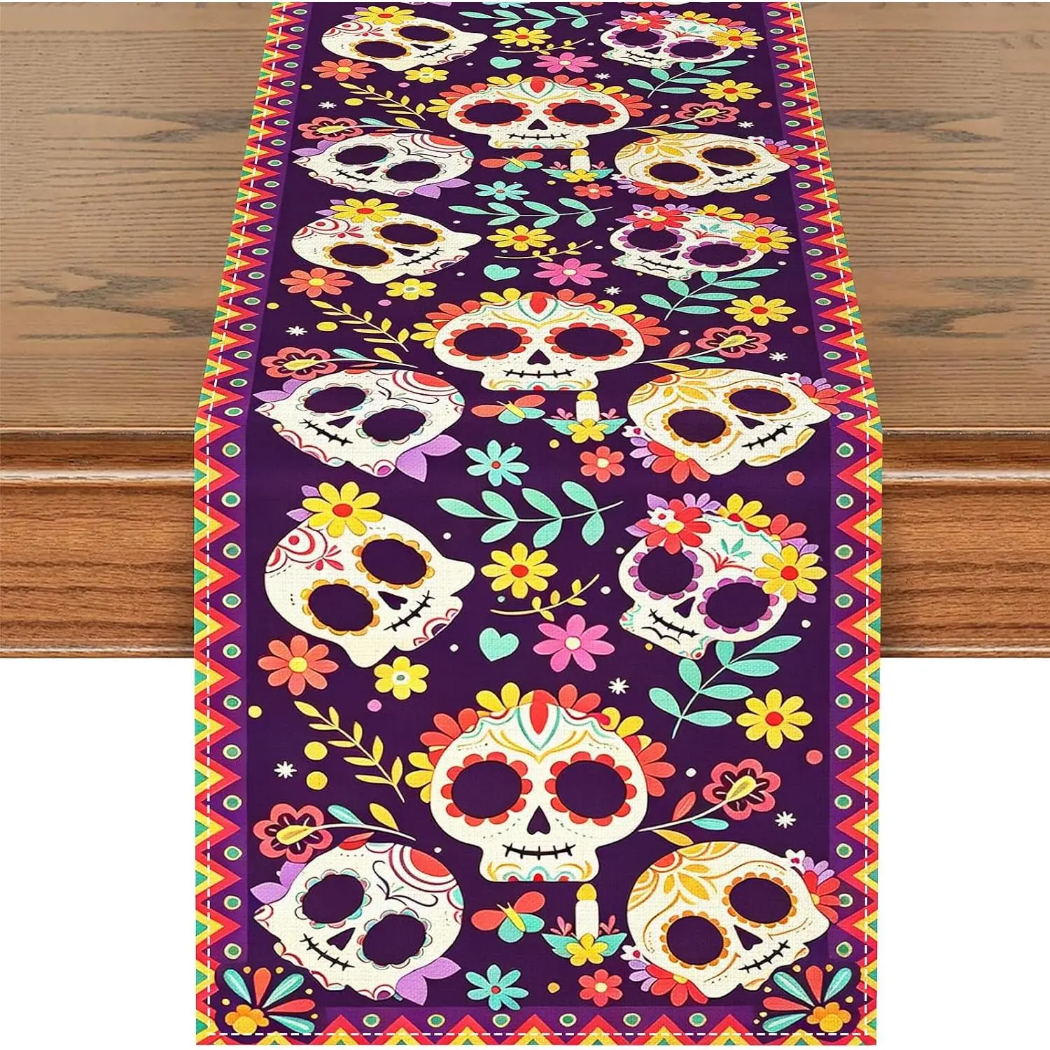 Dia De Los Muertos Sugar Skull Floral Table Runner - 13"x72" Day of The   Decoration HalloweenTable Runner for Mexican Fiesta Halloween Dining Room Party Decor