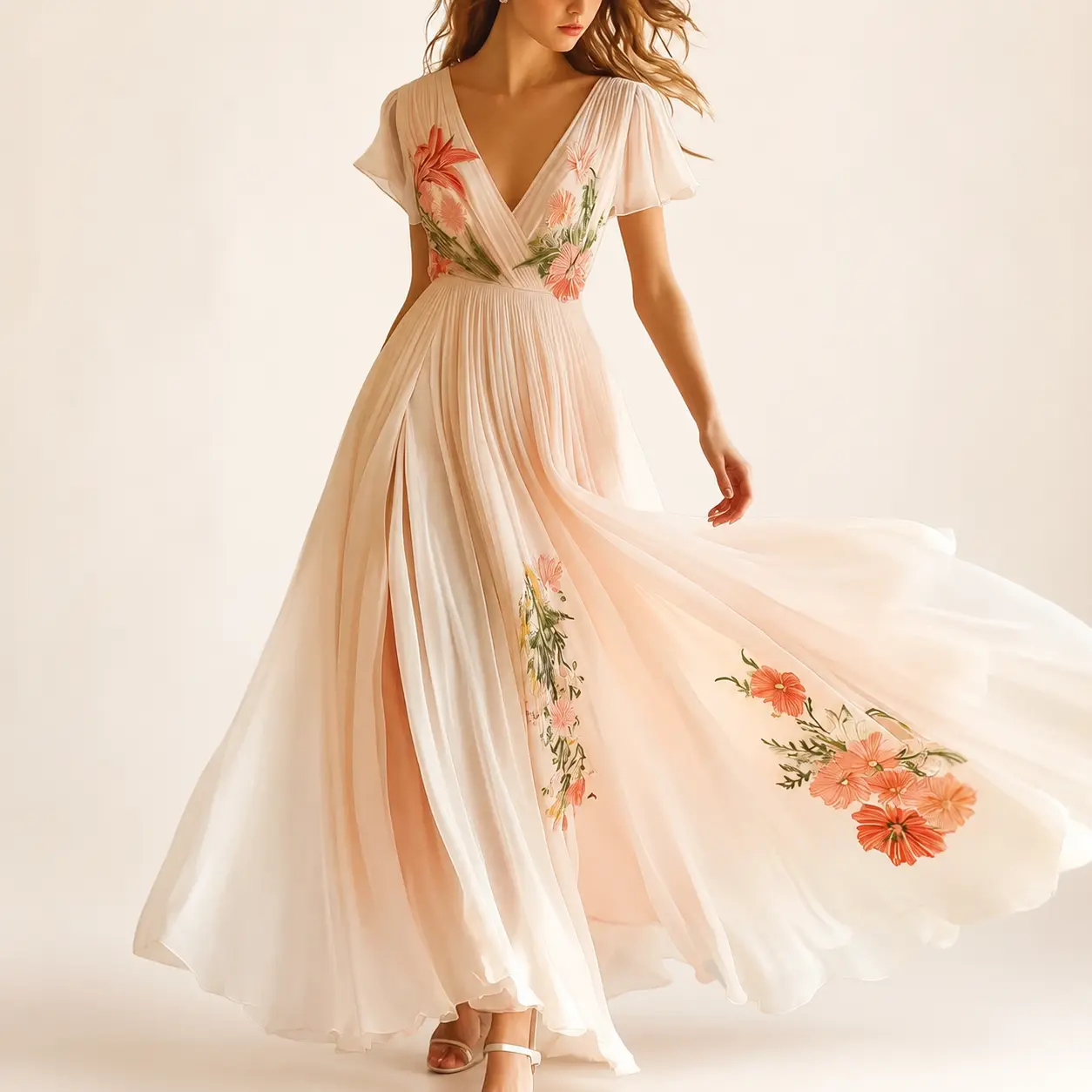 French-style wrap V-neck floral digital print dress; a long, pleated chiffon gown featuring a cinched waist and side slit-an elegant choice for vacations or evening events.