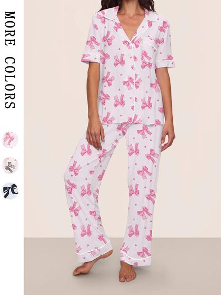 Women's Leopard Print Fitted Pajama Set with Bow Tie, Short Sleeve Shirt and Long Pants for All Seasons, Comfortable Casual Sleepwear