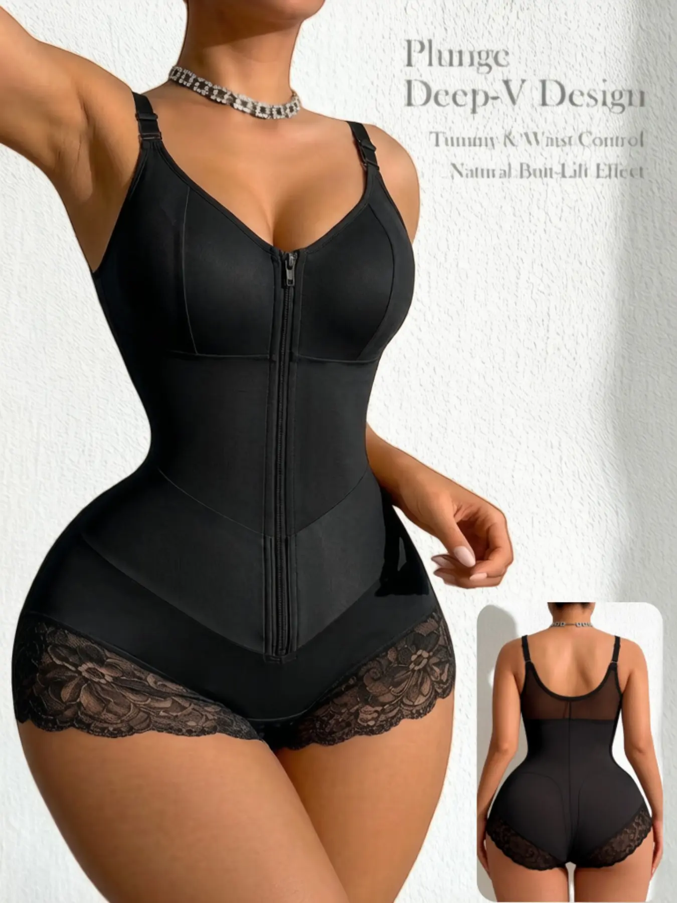 1 Count Women's V-Panel Abdomen Compression Body Shaperwear, Underwear, Colombian Shapewear, Lace Trim Hem Bodysuit, Solid Color Butt Lifting & Tummy Control Body Shaper, Front Zipper Closure Shapewear, Weekend Outings & Daily Fashion Look