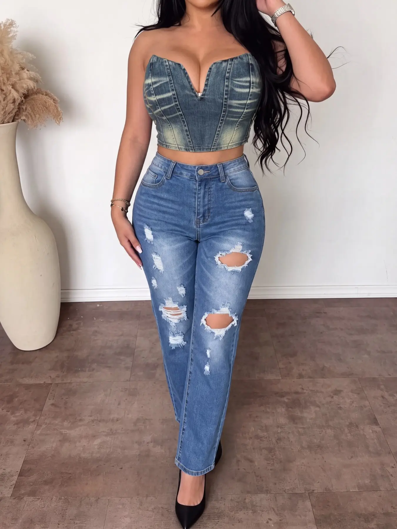 Women's Mid-Waist High Stretch Cool Ripped Straight Leg Jeans, Blue Distressed Tear Effect Slim Fit Elastic Denim Jeans