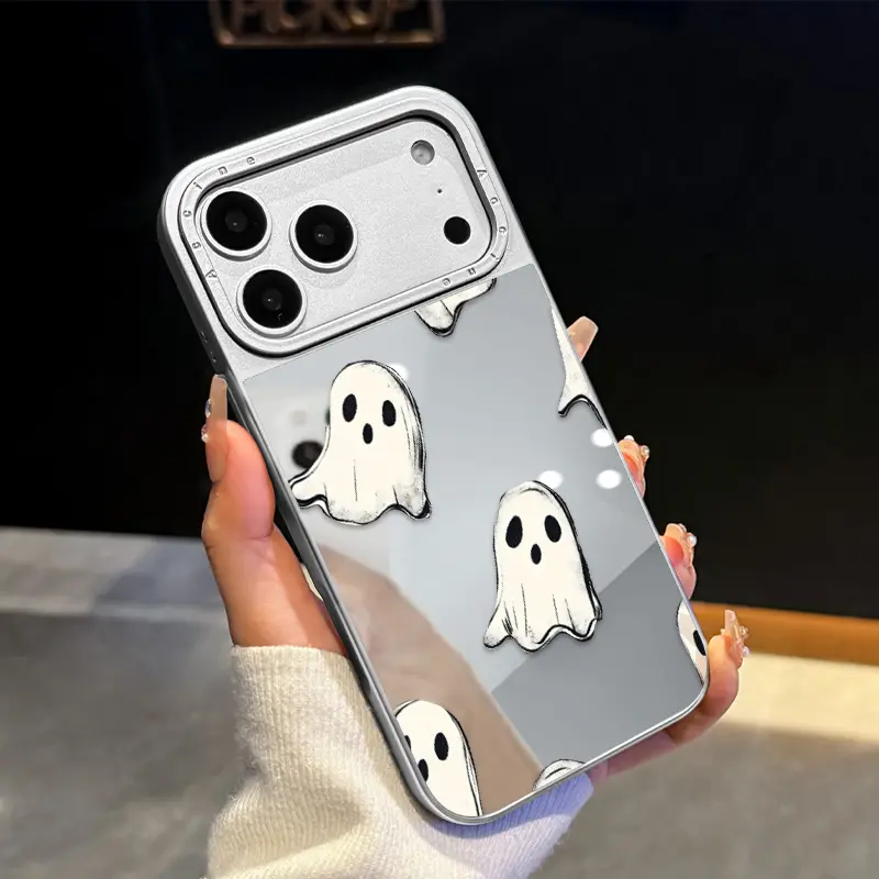Compatible with iPhone 17 Air/16/15/14/13/12 Pro Max Plus Ghost Pattern, 2-in-1 Electroplated Mirror Phone Case, Built-in Makeup Mirror for Quick Touch-Ups, Shockproof Cover