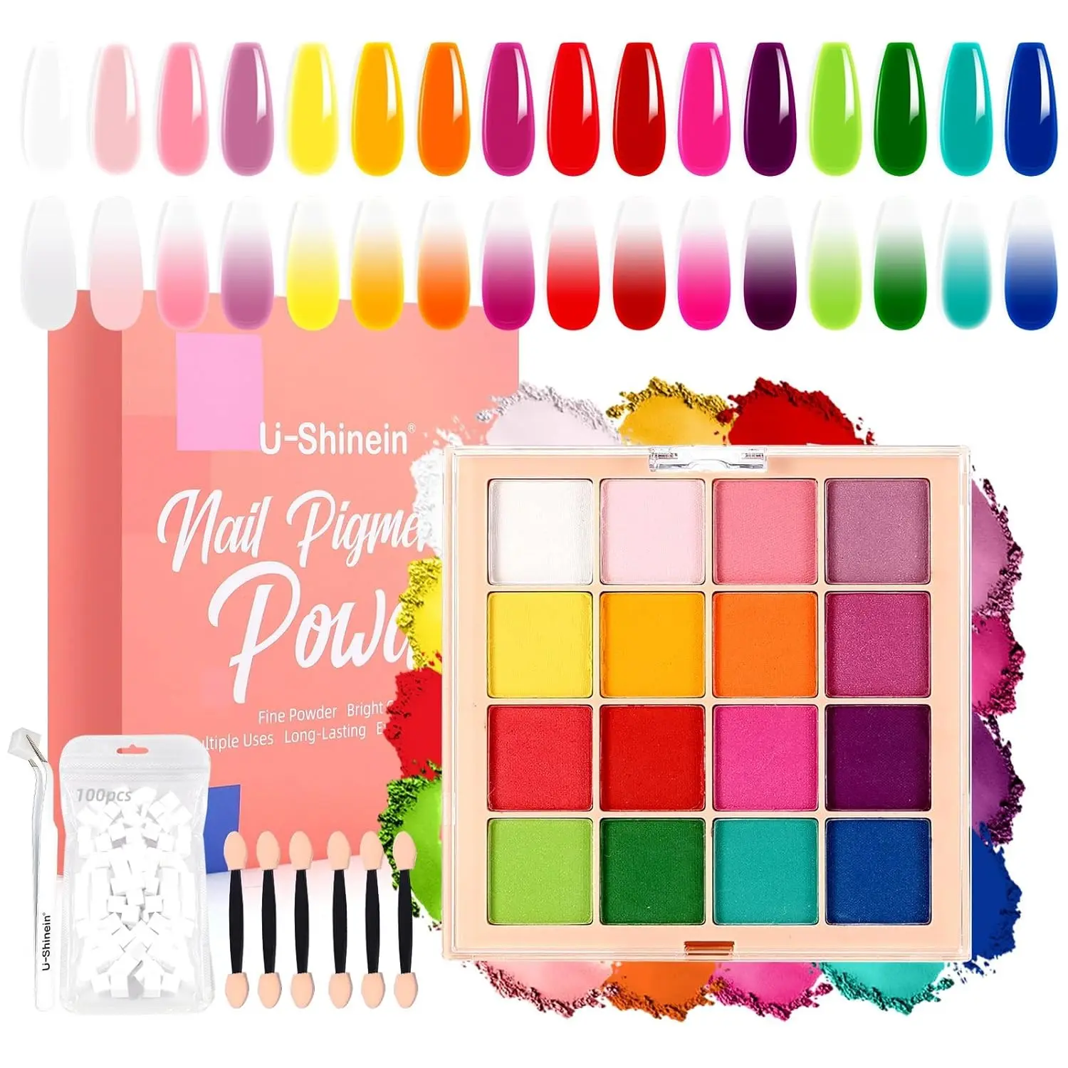 16 Colors Ombre Nail Pigment Powder Palette Set with 100pcs Sponges Tweezers Nail Brush, Long-lasting DIY Manicure Art Accessories for French Aura Nails