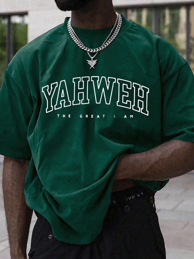 Men's Letter Print Drop Shoulder Tee, Regular Fit Casual Short Sleeve Round Neck T-Shirt for Summer, Fashion Men's Top for Daily Wear, Casual Fit Streetwear