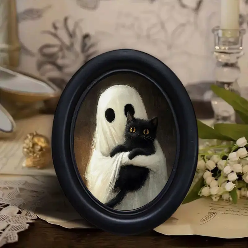 Boho Dark Ghost Cat Ornament, Vintage Frame, Oval Shape, Halloween Christmas Thanksgiving Decor, Party Decoration, Festive Decoration, Home Office Wall Art, Spooky