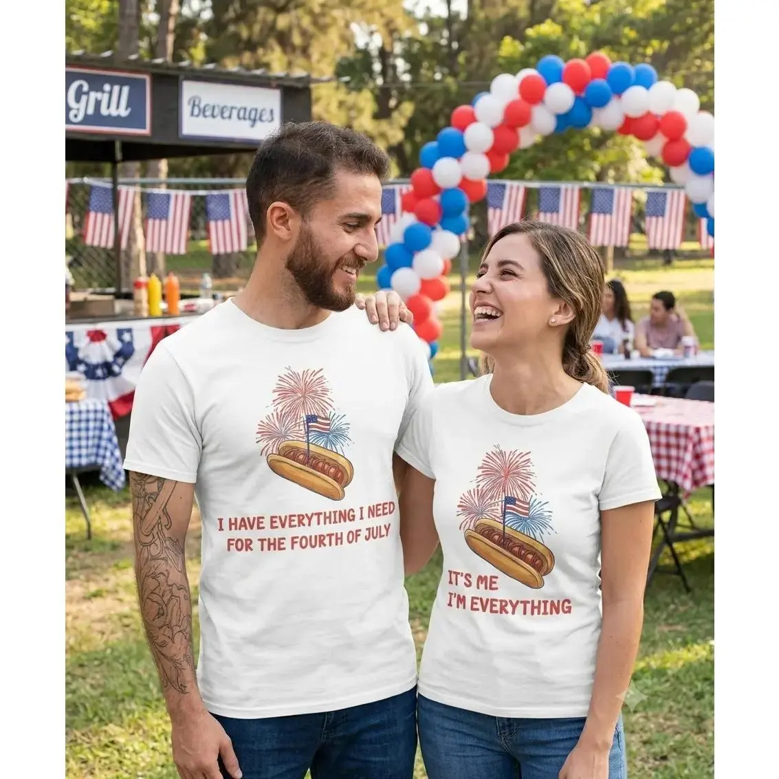 SageSprint Casual Lightweight Shortleeve Matching BF and GF Patriotic Couples T-Shirt Set - "I Have Everything I Need" & "It's Me I'm Everything" His and Hers Clothes