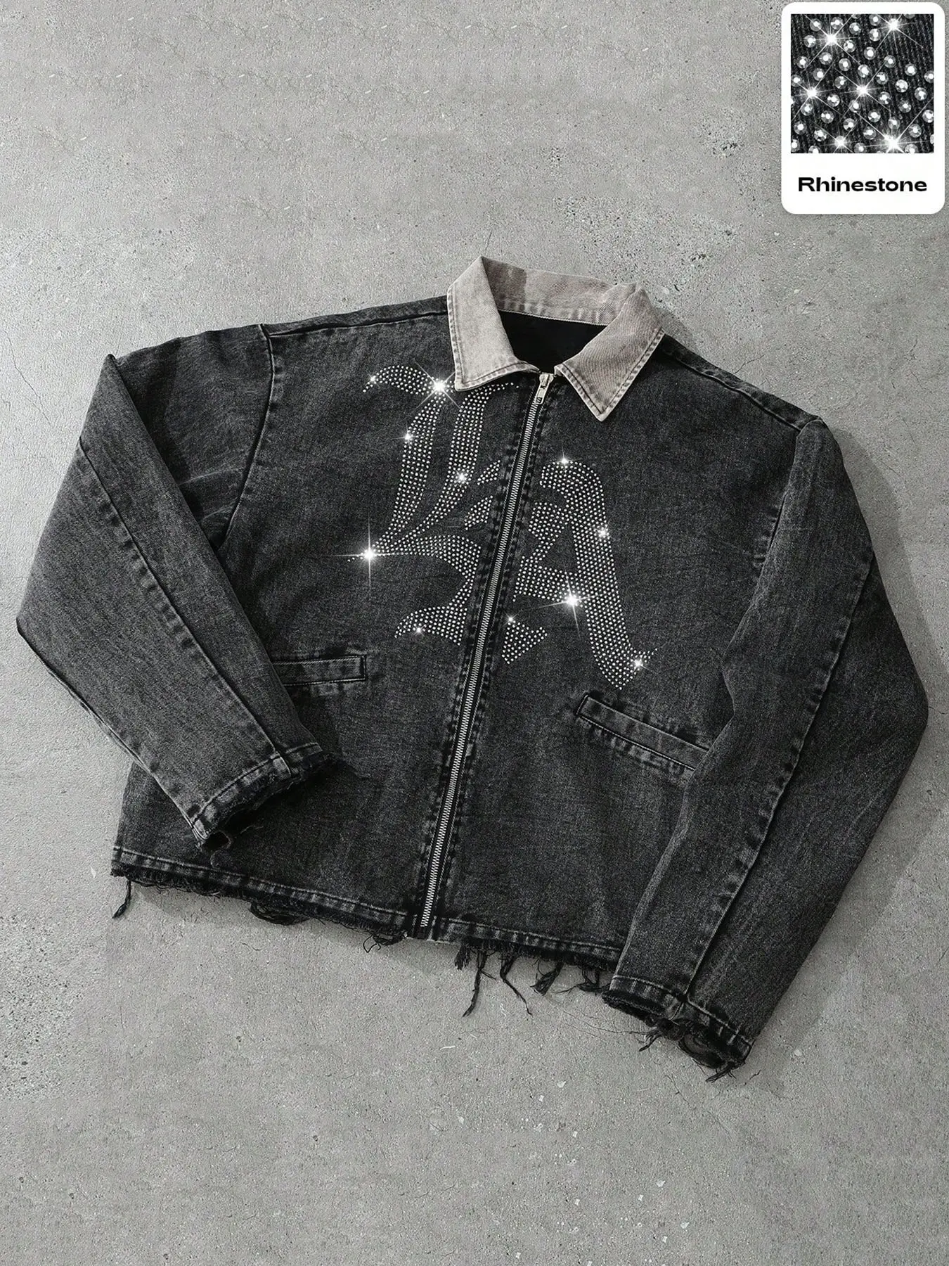 Denim Look Snowflake Diamond Jacket, Street Style Fashion Brand, Casual Loose Fit Outerwear, Trendy Hooded Coat for Men & Women