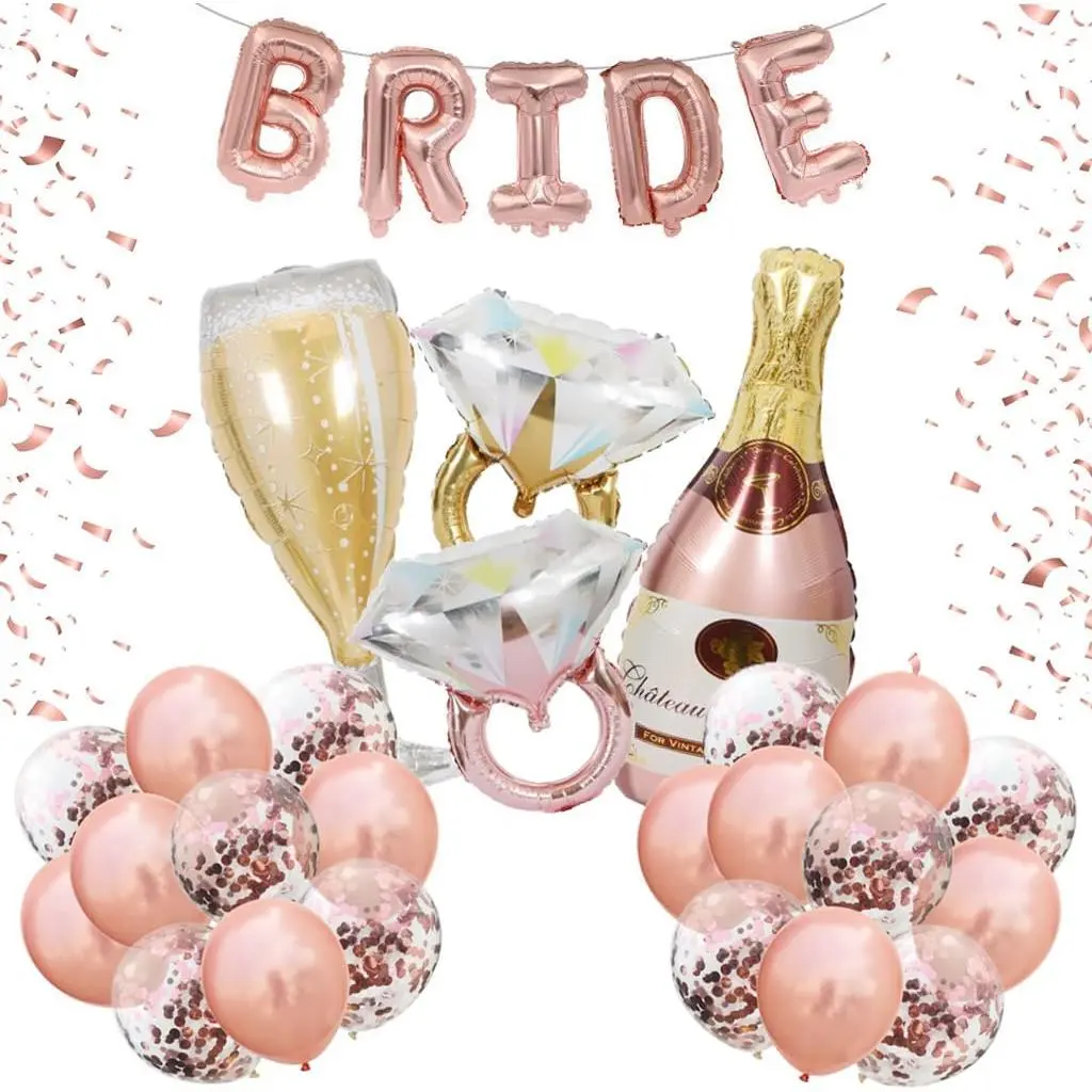 Bride Balloons Bachelorette Party Decorations Kit - Pack of 29 Include BRIDE Banner, Ring, Bottle, Glass Foil Balloon, Latex Balloon for Engagement Wedding Bridal Shower Decorations (Rose )