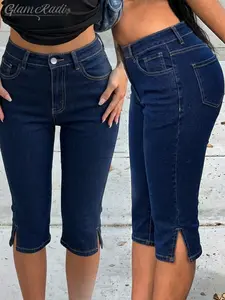 Deep Blue High-Waisted Stretchy Seven-Eleven Tight Jeans for Women, Side Split Slim Fit Butt Lift Conceal Fat Retro Style Daily Commute Casual Pants