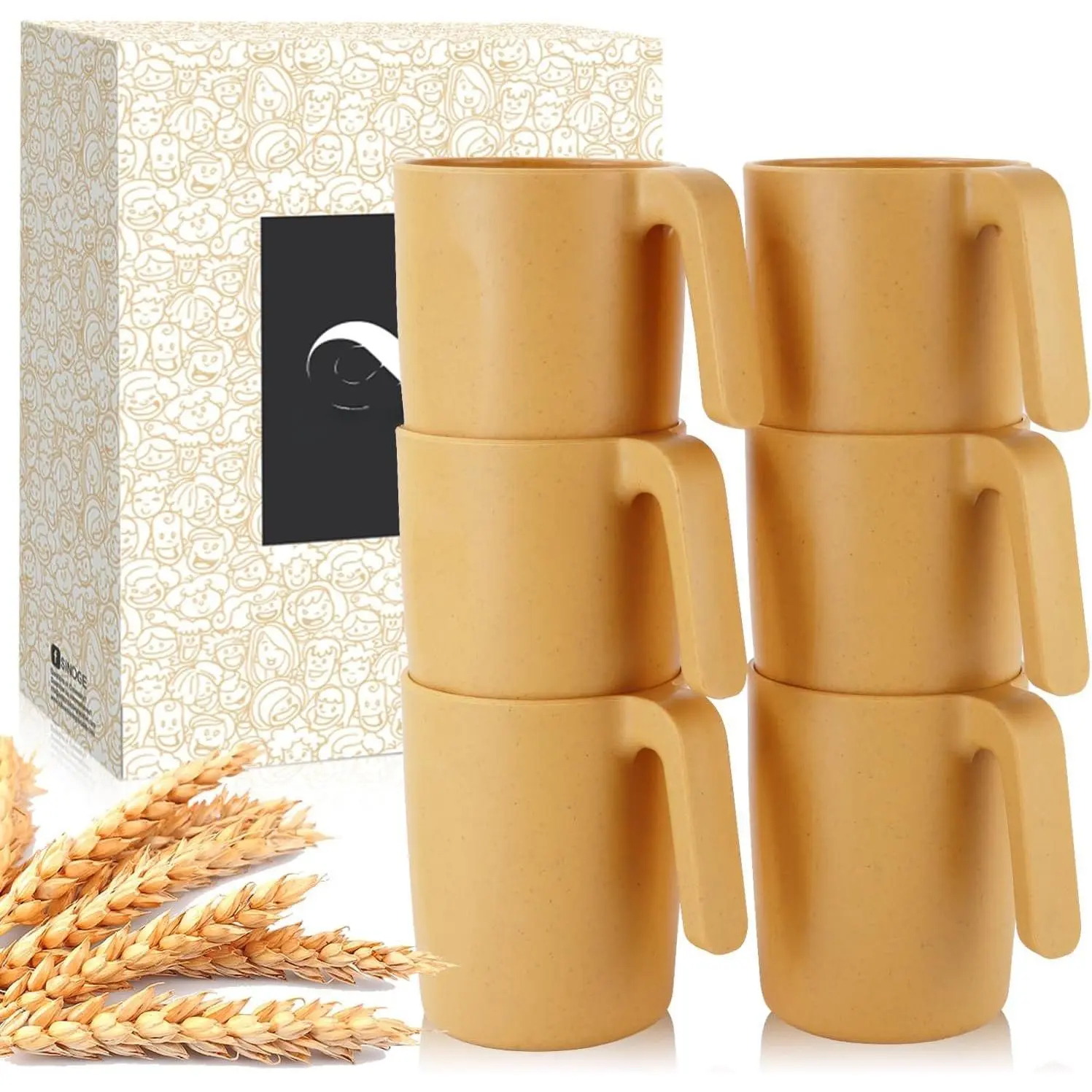 Wheat Straw Cups 16 Oz Alternative Plastic Cups With Handle Dishwasher & Microwave Safe Mug Set of 6 Unbreakable Cups Set for Kitchen,Party,RV Travel Unbreakable Water Cups-Yellow