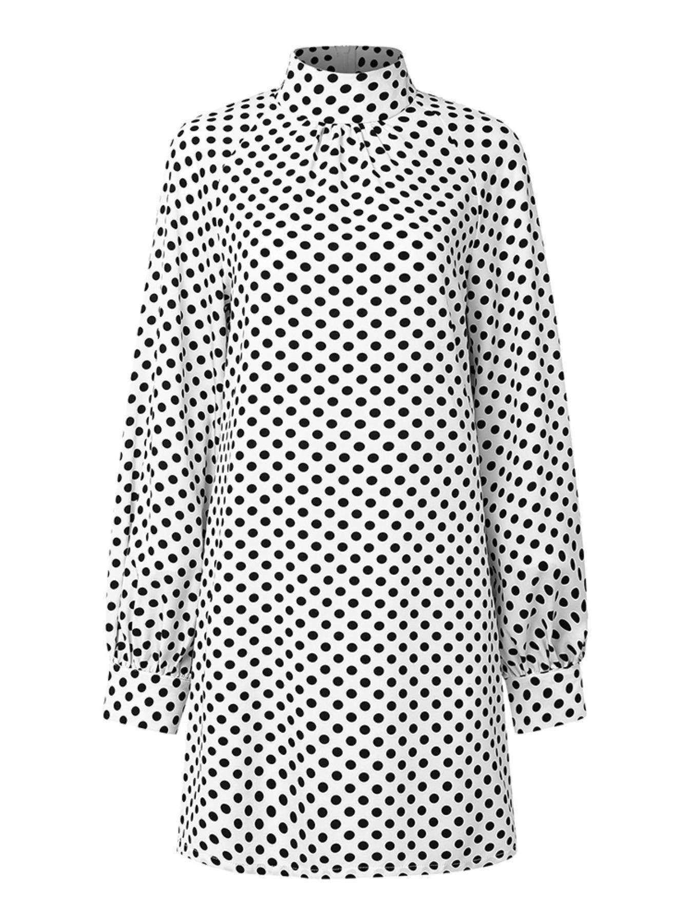 Women's Polka Dot Print Bishop Sleeve Dress, Elegant Chic Long Sleeve Stand Collar Short Dress for Party Holiday Wedding Guest, Ladies Fall & Winter Clothes, Womenswear, Formal Dresses Women, Chic Elegant Aesthetic