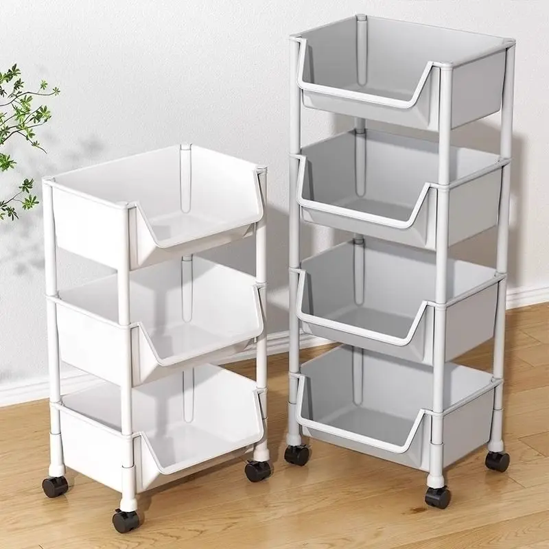 3/5Tier Multifunctional Multi-Layer Plastic Storage Cartwith Wheels, Layered Shelf Organizer for BedroomKitchen Bathroom Living Room  Beige
