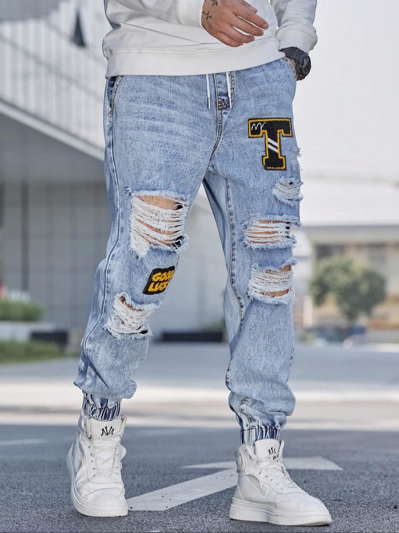 Men's Patched Ripped Distressed Knee Jeans Drawstring Waist, Loose Casual Fashion Street for Daily Wear, Men's Trousers for All Seasons