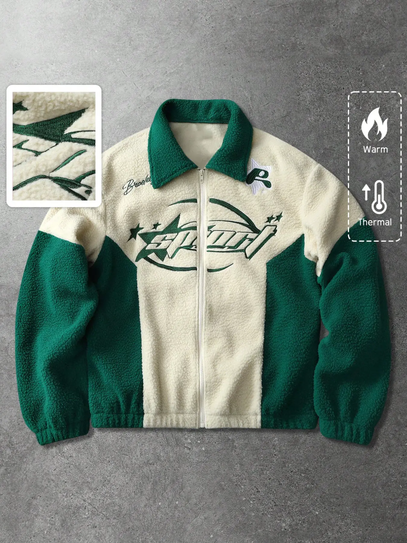 Retro Green and Cream Color Block Fleece Jacket | Ultra Warm Thermal Sherpa Zip Up Coat with Letter Embroidery | Cozy Skater Aesthetic Winter Streetwear Outerwear