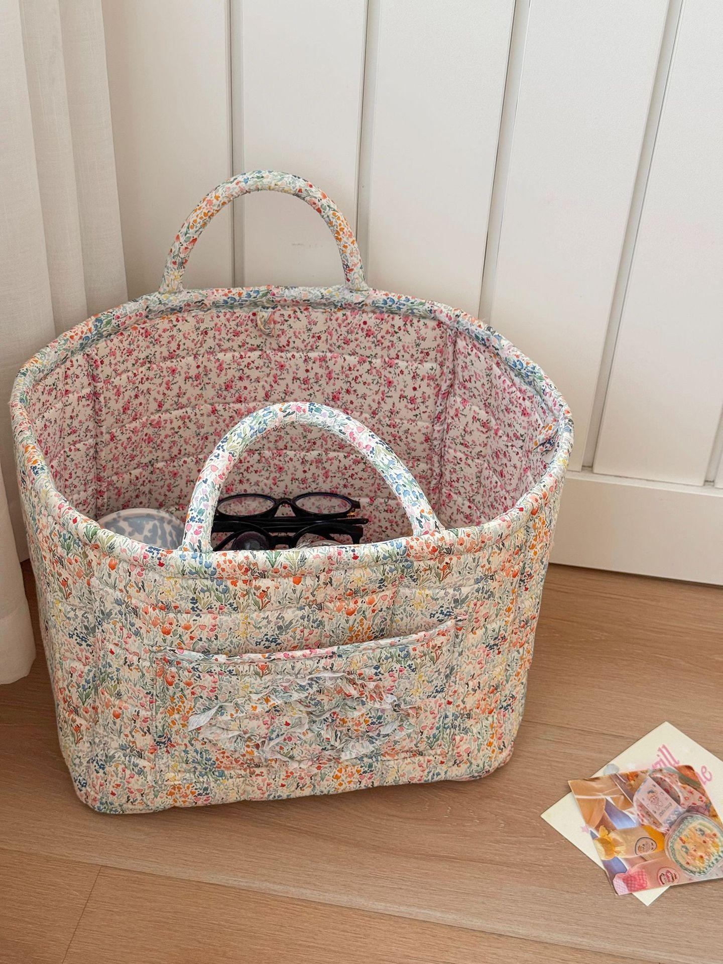 Floral Pattern Storage Basket, Portable Lingerie & Small Essentials Basket, Home Organizer for Bathroom Bedroom Office, Multipurpose Basket