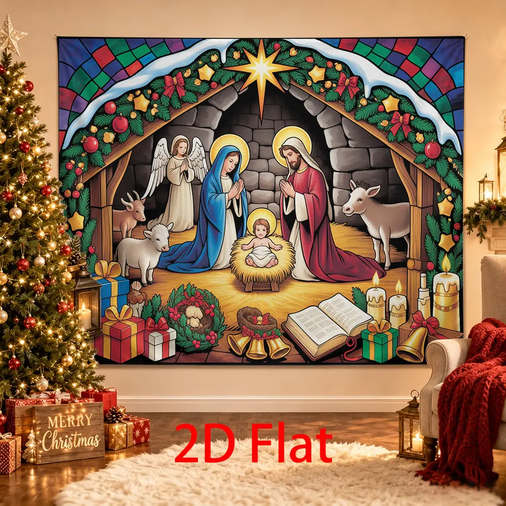 Traditional Nativity Christmas Backdrop, Manger Scene Photography Background with Angel, Bethlehem Star, Animals, Gifts, Candles and Wreath