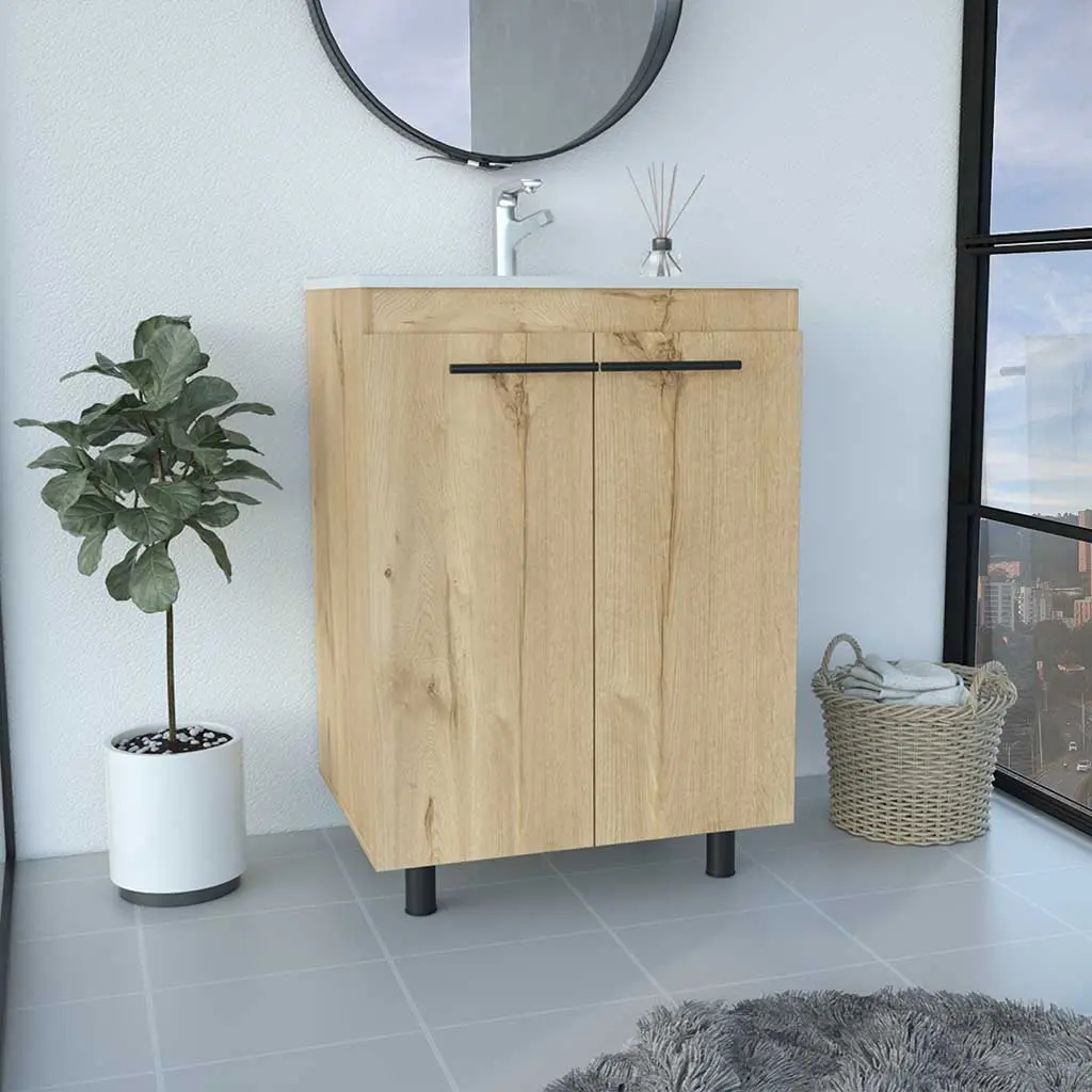 Nokaa Free Standing Bathroom Vanity Cabinet with Sink, Double Door Floor Cabinet, Two Shelves, Engineered Wood, Beige, 23.8"W x 18.1"D x 34.1"H, FSC Certified, TSCA Compliant, for Bathroom Storage