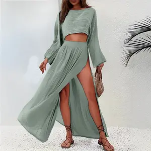 2026 Casual Vacation Linen Blend Short Top with High Waist and Unique Slit, Cotton-Linen Casual Two-Piece Set