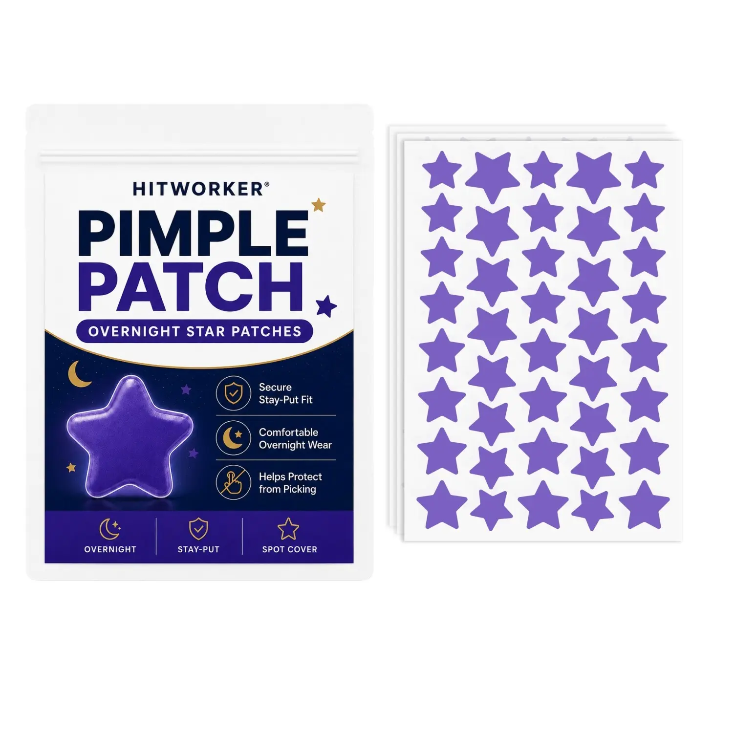 120pcs Cute Star Pimple Patches, 2 Sizes, 3-Sheet Nighttime Blemish Cover, Value Pack for Face, Acne Treatment Solution