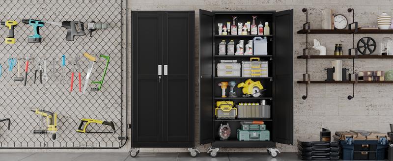 GEITIN 75" Tall Metal Garage Storage Cabinet with Wheels & Locking Doors, 5 Adjustable Shelves, Heavy Duty Steel Tool Cabinet for Garage, Home, Office, Shop