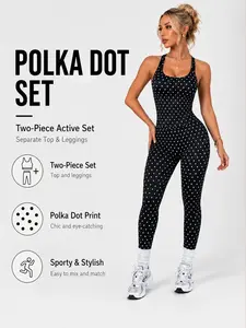 Women's Sexy Polka Dot Tight Set, Halter Top High Waist Butt Lifter Workout Pants, Yoga Pilates Running Aerobics Daily Wear