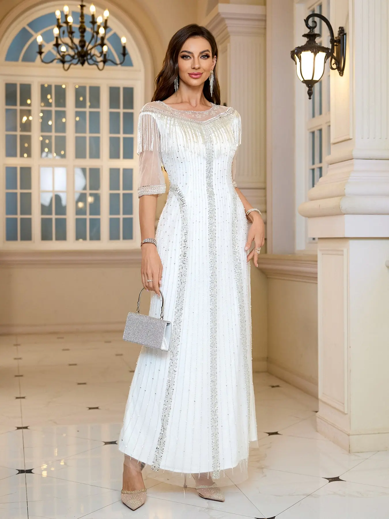 JINLICX Elegant White Beaded Fringe Evening Gown - Sheer Sleeve Sequin Formal Dress with Vertical Embellishments for Weddings & Galas 88123