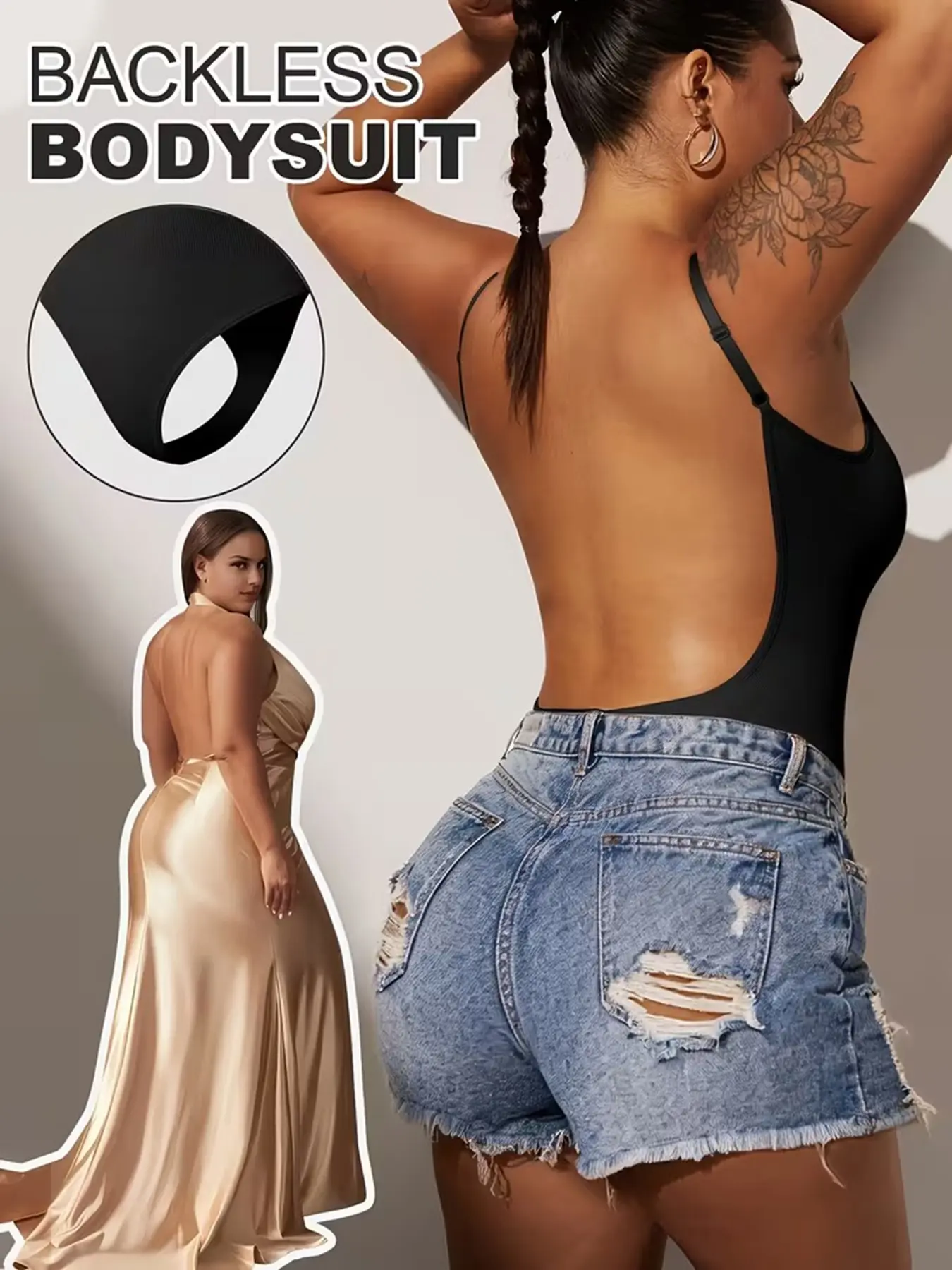 Ultra Deep Backless Adjustable Spaghetti Strap Sleeveless Ribbed Tummy Control Thong Bodysuit, Casual Romper, Plain Surface, Organic Textile