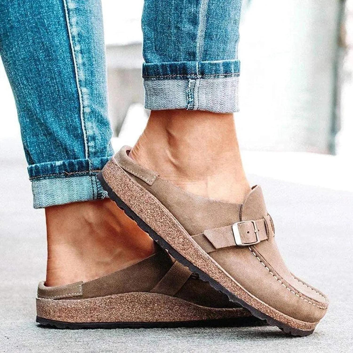 2025 Women Suede Clogs Mules Loafer Shoes Memory Foam Slipper Casual Sneakers Comfortable Slip on Sandals Anti-Slip Backless Home Office Walking Shoe Footwear Girl Khaki KUOYE